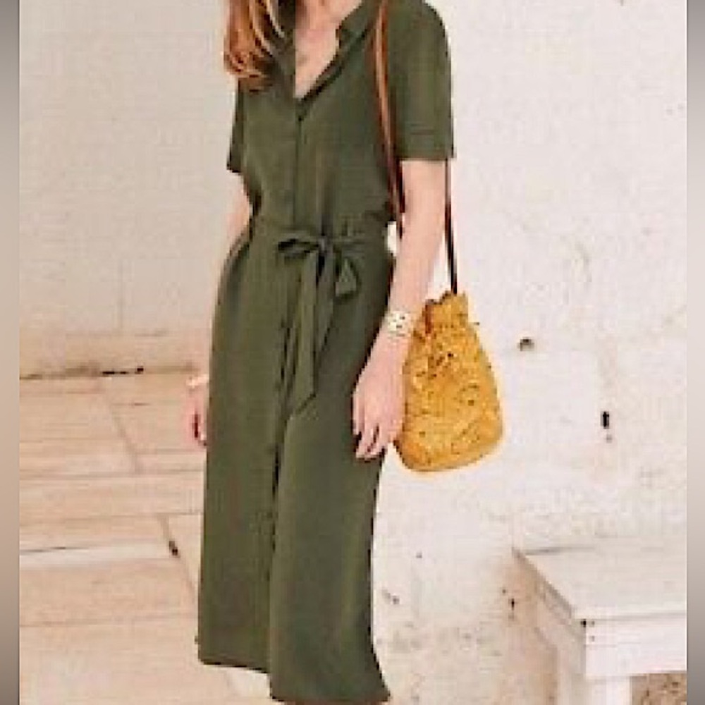 Sézane 100% Silk Olive Green Shirtdress full length buttons - Size 2 US / 34 FR